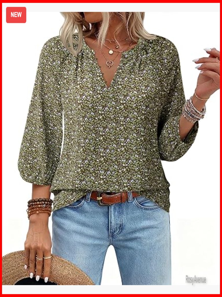 3/4 Sleeve Button Down Blouse V Neck Business Casual Chiffon Tops Lightweight